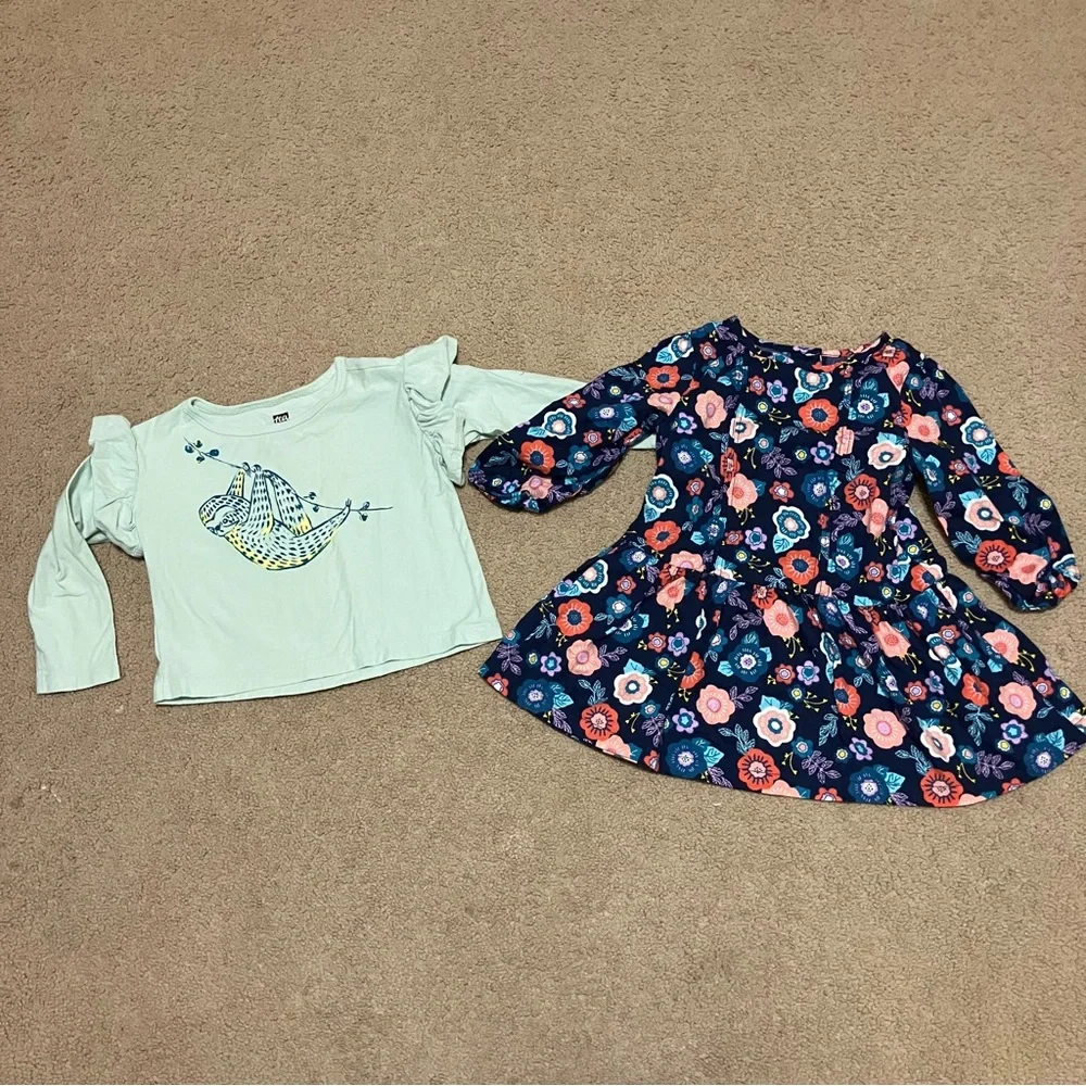 Girl’s 12-18m long sleeve Gymboree floral dress & aqua Tea sloth shirt